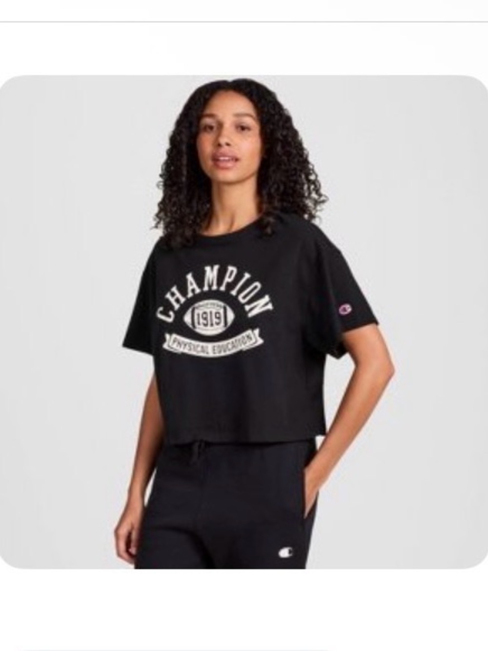 Champion Black Cropped Logo Tee with White Varsity Print
